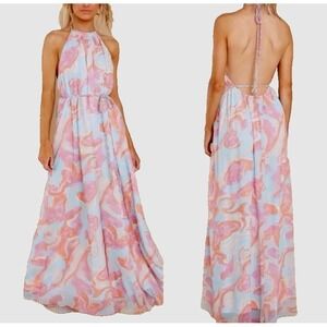 AAKAA Your New‎ Muse Halter Maxi Dress Size S Pink Blue Abstract Resort NWT